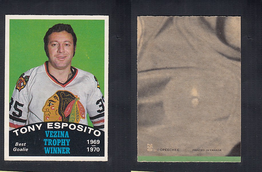 1970-71 O-PEE-CHEE HOCKEY CARD #250 VEZINA TROPHY AWARD WINNER: TONY ESPOSITO photo 1970-71 O-PEE-CHEE HOCKEY CARD #250 VEZINA TROPHY AWARD WINNER: TONY ESPOSITO photo