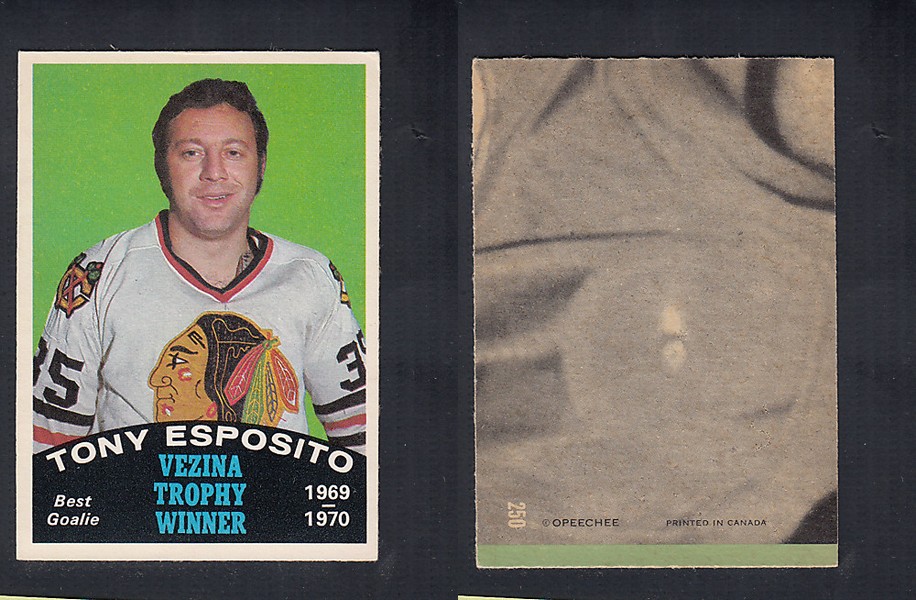 1970-71 O-PEE-CHEE HOCKEY CARD #250 VEZINA TROPHY AWARD WINNER: TONY ESPOSITO photo 1970-71 O-PEE-CHEE HOCKEY CARD #250 VEZINA TROPHY AWARD WINNER: TONY ESPOSITO photo