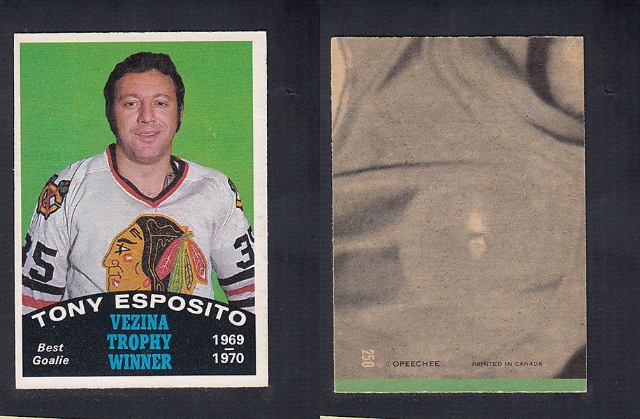 1970-71 O-PEE-CHEE HOCKEY CARD #250 VEZINA TROPHY AWARD WINNER: TONY ESPOSITO photo 1970-71 O-PEE-CHEE HOCKEY CARD #250 VEZINA TROPHY AWARD WINNER: TONY ESPOSITO photo