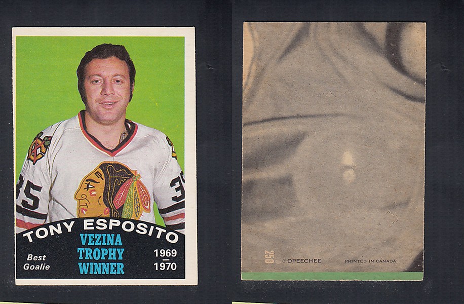 1970-71 O-PEE-CHEE HOCKEY CARD #250 VEZINA TROPHY AWARD WINNER: TONY ESPOSITO photo 1970-71 O-PEE-CHEE HOCKEY CARD #250 VEZINA TROPHY AWARD WINNER: TONY ESPOSITO photo