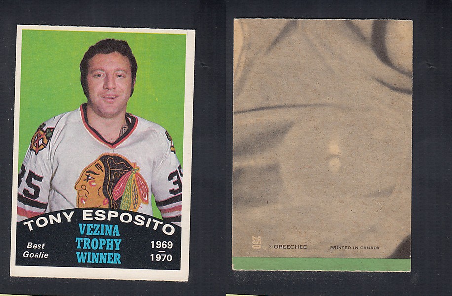 1970-71 O-PEE-CHEE HOCKEY CARD #250 VEZINA TROPHY AWARD WINNER: TONY ESPOSITO photo 1970-71 O-PEE-CHEE HOCKEY CARD #250 VEZINA TROPHY AWARD WINNER: TONY ESPOSITO photo