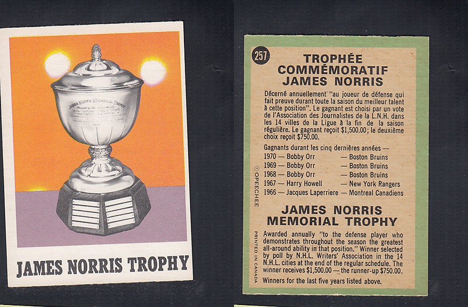 1970-71 O-PEE-CHEE HOCKEY CARD #257 THE JAMES NORRIS TROPHY photo 1970-71 O-PEE-CHEE HOCKEY CARD #257 THE JAMES NORRIS TROPHY photo