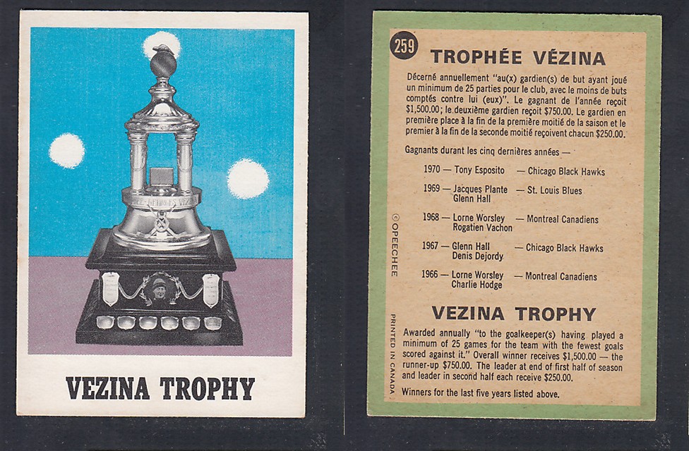 1970-71 O-PEE-CHEE HOCKEY CARD #259 THE VEZINA TROPHY photo 1970-71 O-PEE-CHEE HOCKEY CARD #259 THE VEZINA TROPHY photo