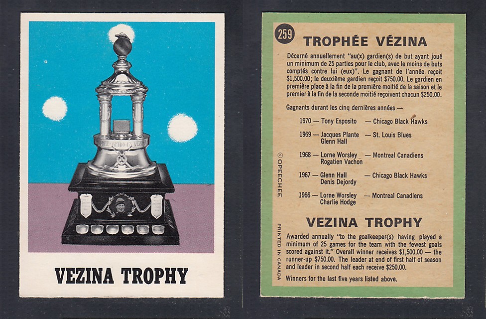 1970-71 O-PEE-CHEE HOCKEY CARD #259 THE VEZINA TROPHY photo 1970-71 O-PEE-CHEE HOCKEY CARD #259 THE VEZINA TROPHY photo