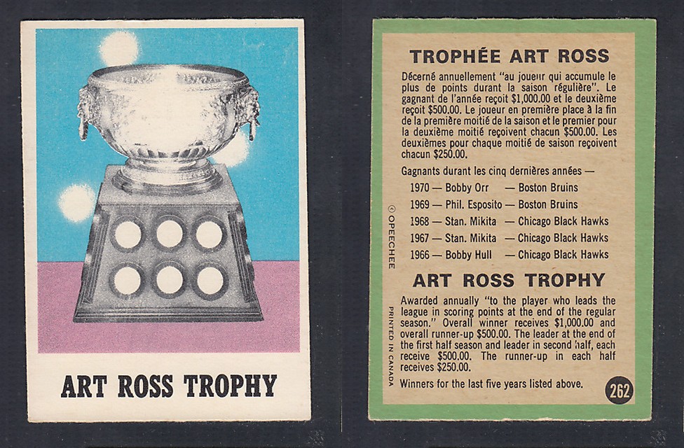 1970-71 O-PEE-CHEE HOCKEY CARD #262 ART ROSS TROPHY photo 1970-71 O-PEE-CHEE HOCKEY CARD #262 ART ROSS TROPHY photo