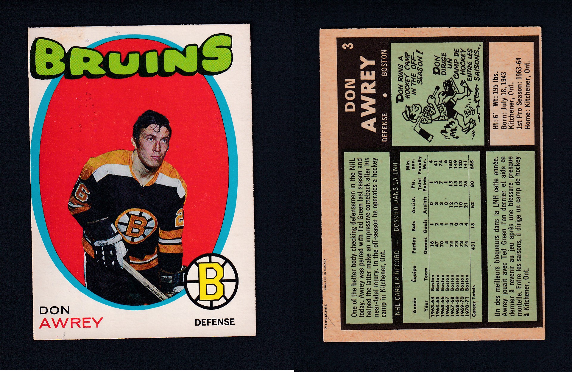 1971-72 O-PEE-CHEE HOCKEY CARD #3 D. AWREY photo 1971-72 O-PEE-CHEE HOCKEY CARD #3 D. AWREY photo