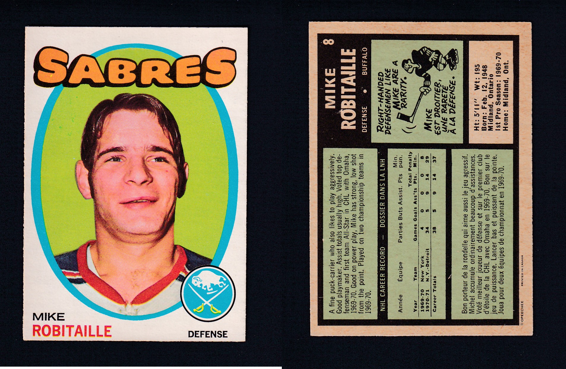1971-72 O-PEE-CHEE HOCKEY CARD #8 M. ROBITAILLE photo 1971-72 O-PEE-CHEE HOCKEY CARD #8 M. ROBITAILLE photo