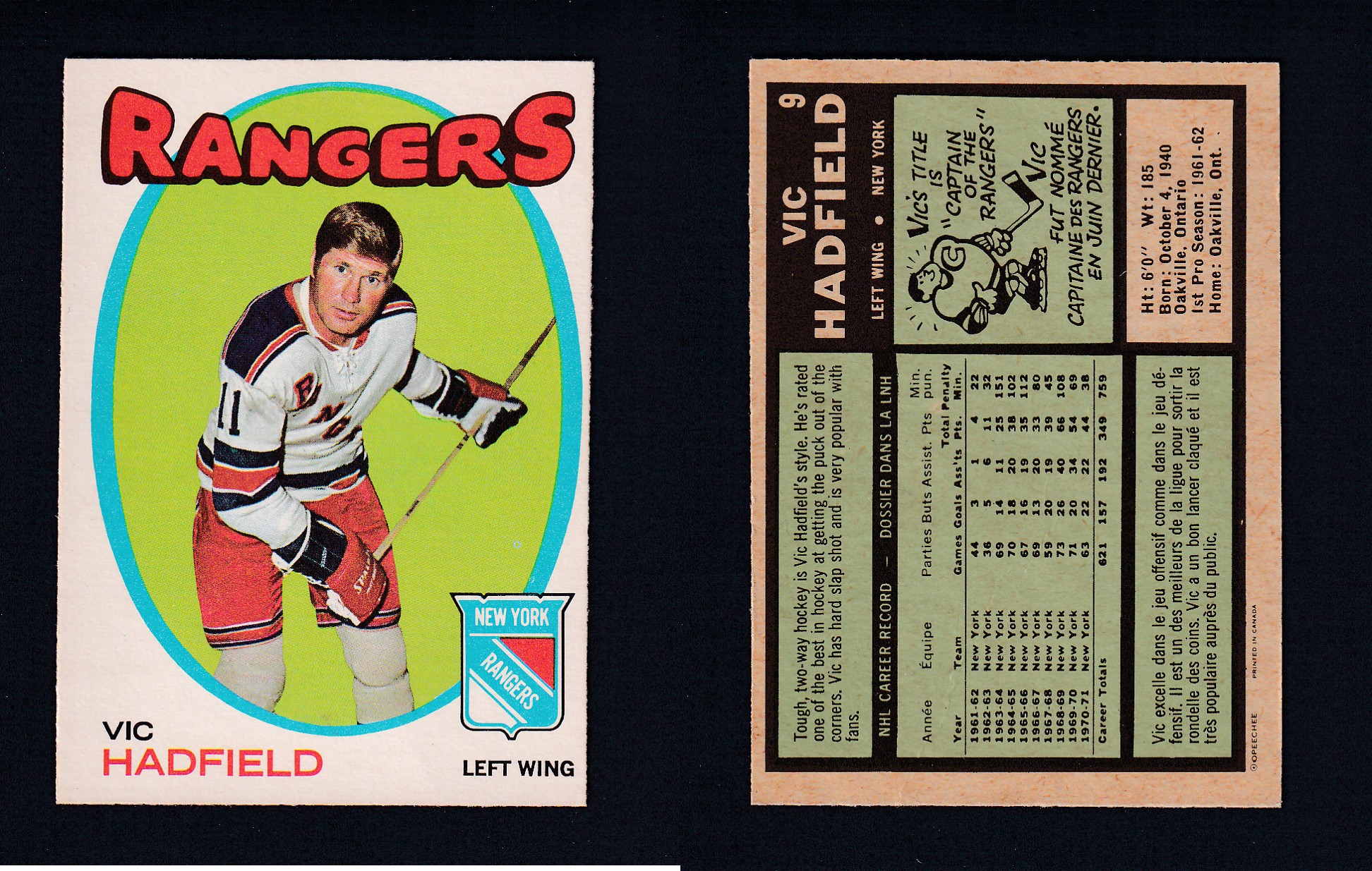 1971-72 O-PEE-CHEE HOCKEY CARD #9 V. HADFIELD photo 1971-72 O-PEE-CHEE HOCKEY CARD #9 V. HADFIELD photo