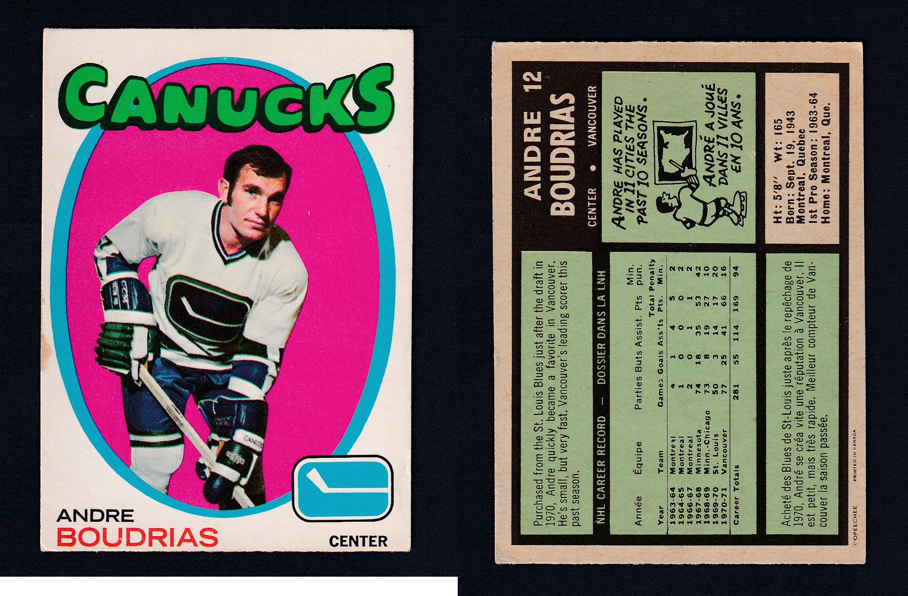 1971-72 O-PEE-CHEE HOCKEY CARD #12 A. BOUDRIAS photo 1971-72 O-PEE-CHEE HOCKEY CARD #12 A. BOUDRIAS photo