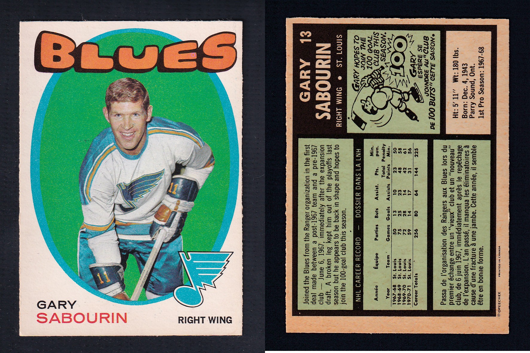 1971-72 O-PEE-CHEE HOCKEY CARD #13 G. SABOURIN photo 1971-72 O-PEE-CHEE HOCKEY CARD #13 G. SABOURIN photo