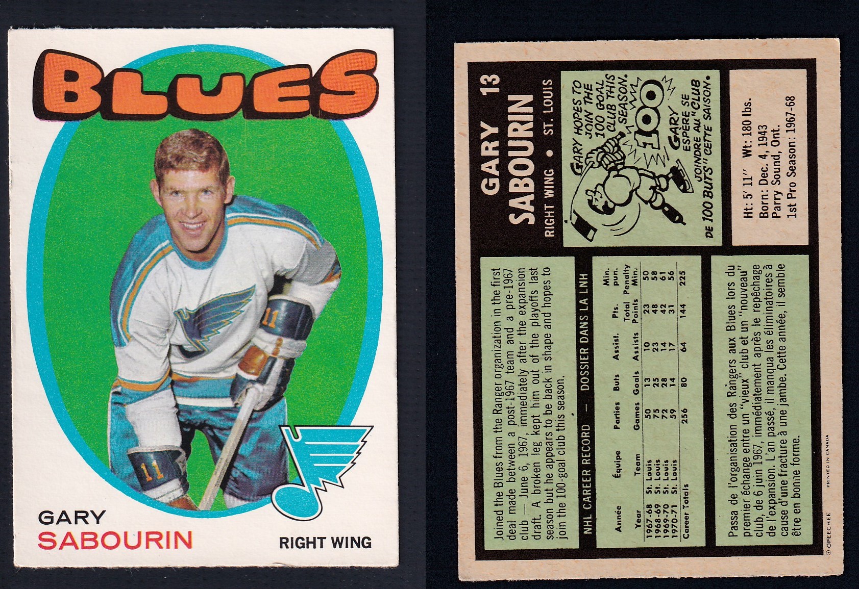 1971-72 O-PEE-CHEE HOCKEY CARD #13 G. SABOURIN photo 1971-72 O-PEE-CHEE HOCKEY CARD #13 G. SABOURIN photo