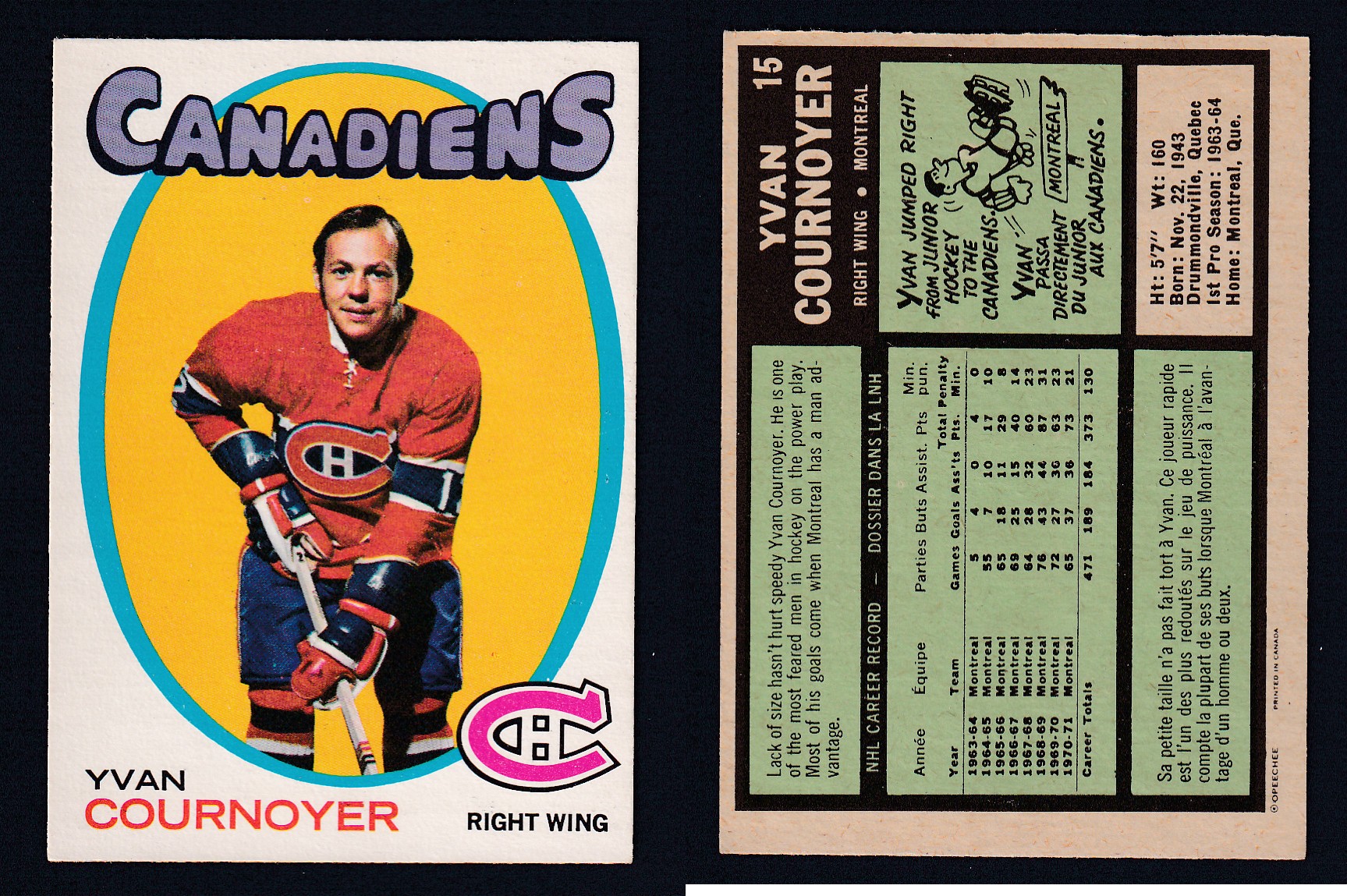 1971-72 O-PEE-CHEE HOCKEY CARD #15 Y. COURNOYER photo 1971-72 O-PEE-CHEE HOCKEY CARD #15 Y. COURNOYER photo