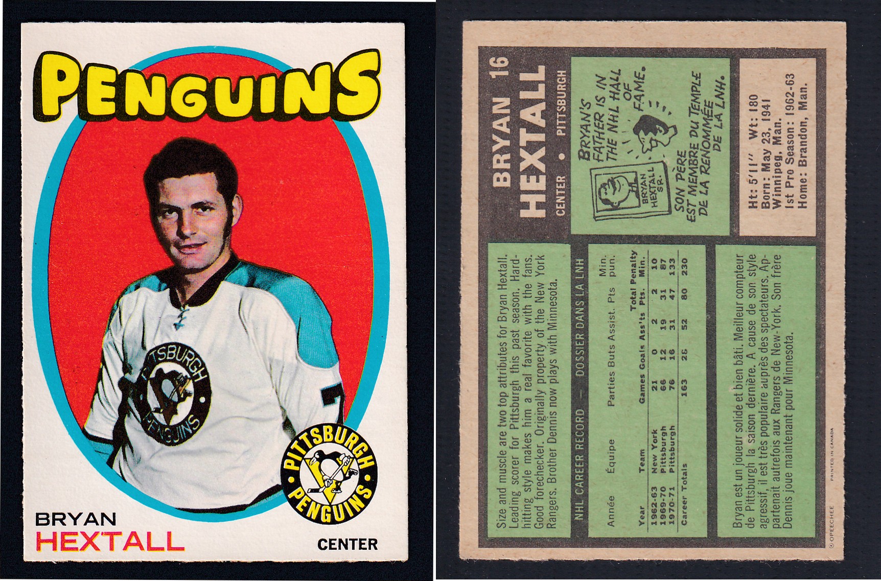 1971-72 O-PEE-CHEE HOCKEY CARD #16 B. HEXTALL photo 1971-72 O-PEE-CHEE HOCKEY CARD #16 B. HEXTALL photo