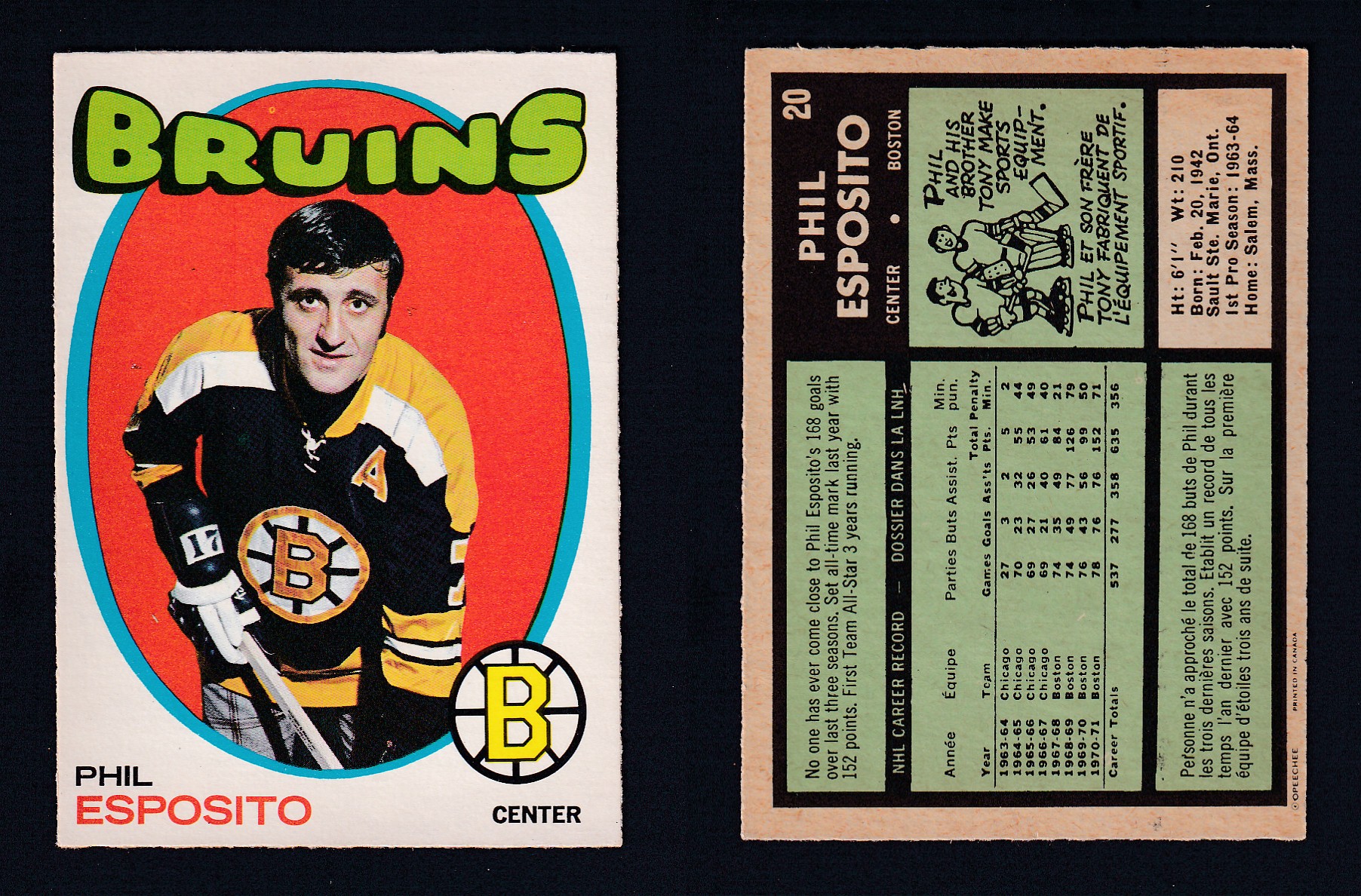 1971-72 O-PEE-CHEE HOCKEY CARD #20 P. ESPOSITO photo 1971-72 O-PEE-CHEE HOCKEY CARD #20 P. ESPOSITO photo
