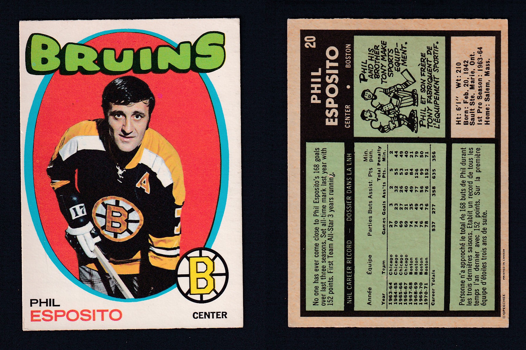 1971-72 O-PEE-CHEE HOCKEY CARD #20 P. ESPOSITO photo 1971-72 O-PEE-CHEE HOCKEY CARD #20 P. ESPOSITO photo