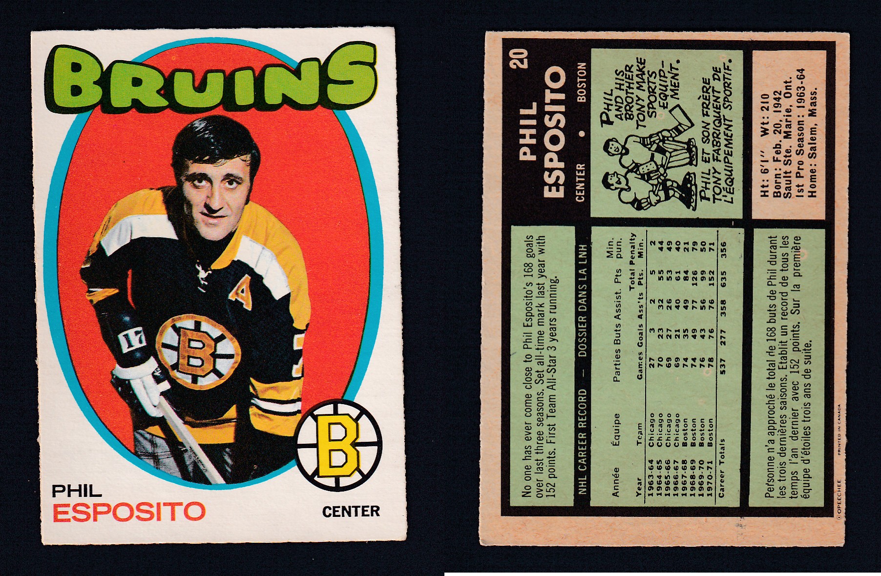 1971-72 O-PEE-CHEE HOCKEY CARD #20 P. ESPOSITO photo 1971-72 O-PEE-CHEE HOCKEY CARD #20 P. ESPOSITO photo