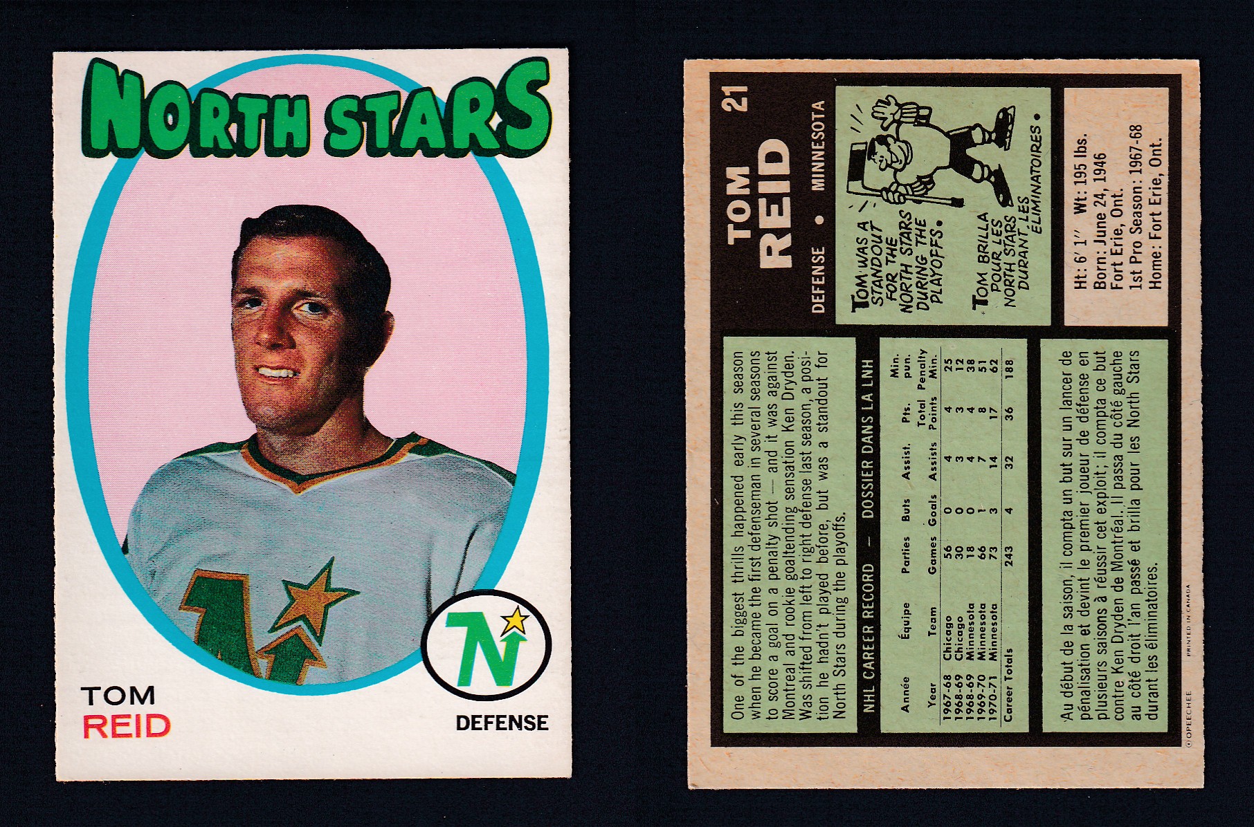 1971-72 O-PEE-CHEE HOCKEY CARD #21 T. REID photo 1971-72 O-PEE-CHEE HOCKEY CARD #21 T. REID photo
