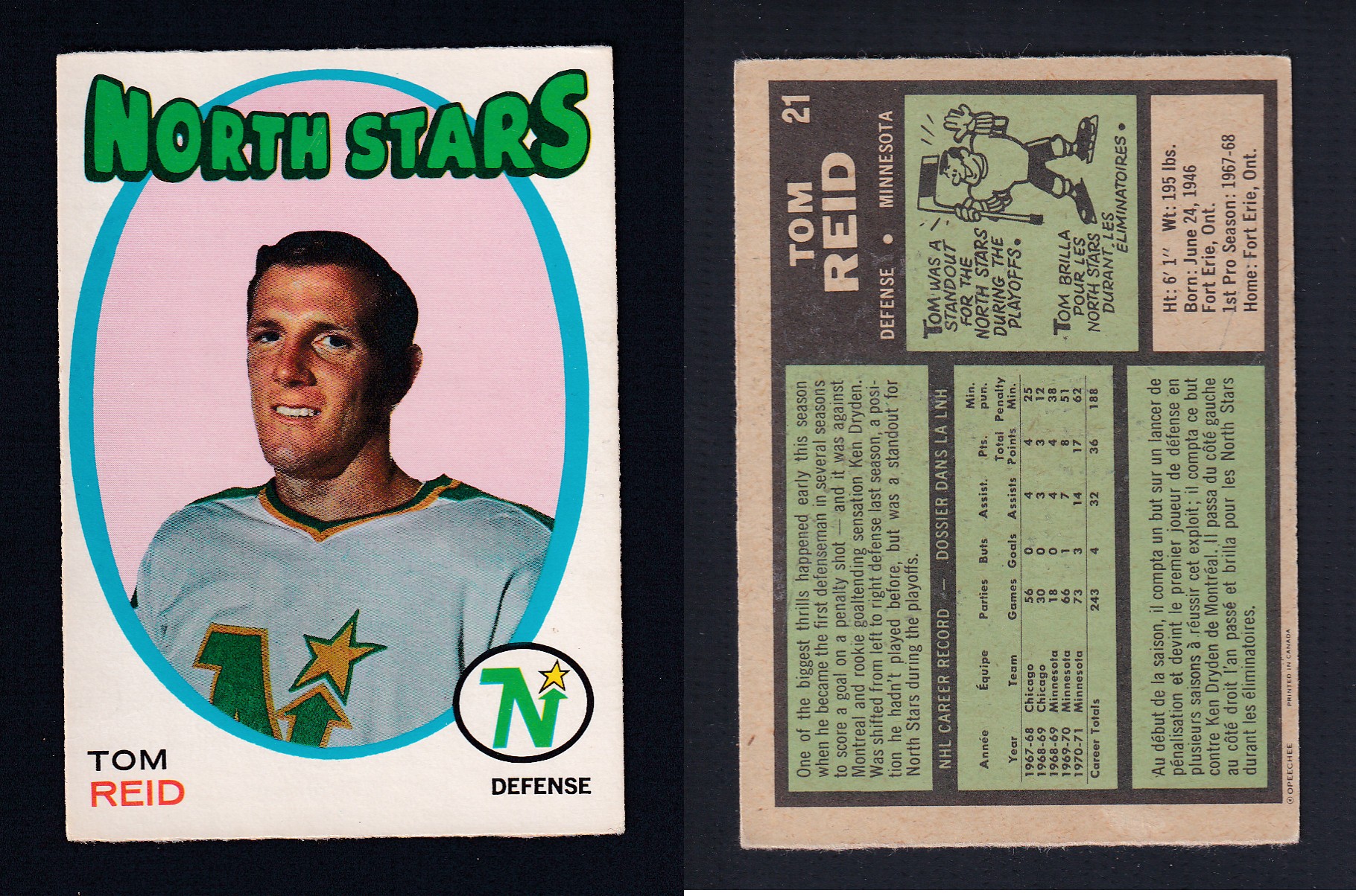 1971-72 O-PEE-CHEE HOCKEY CARD #21 T. REID photo 1971-72 O-PEE-CHEE HOCKEY CARD #21 T. REID photo