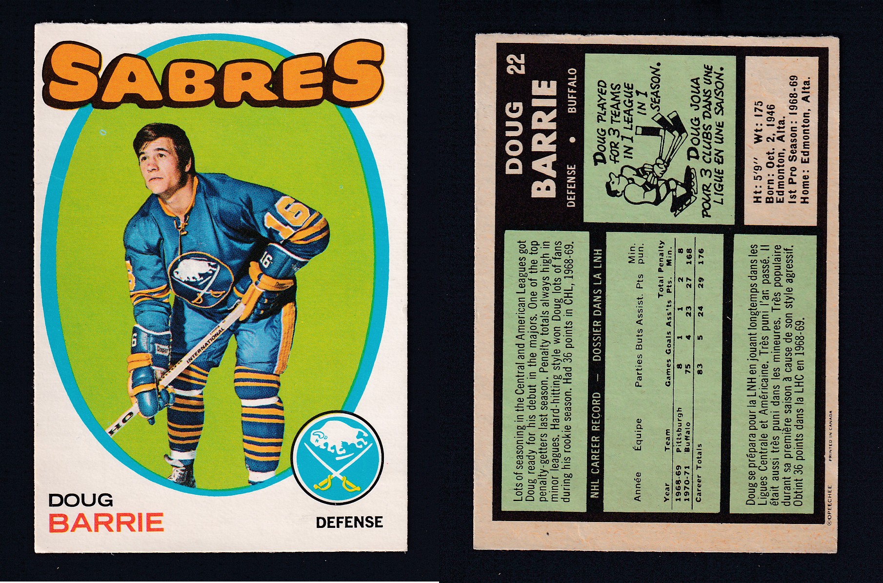 1971-72 O-PEE-CHEE HOCKEY CARD #22 D. BARRIE photo 1971-72 O-PEE-CHEE HOCKEY CARD #22 D. BARRIE photo