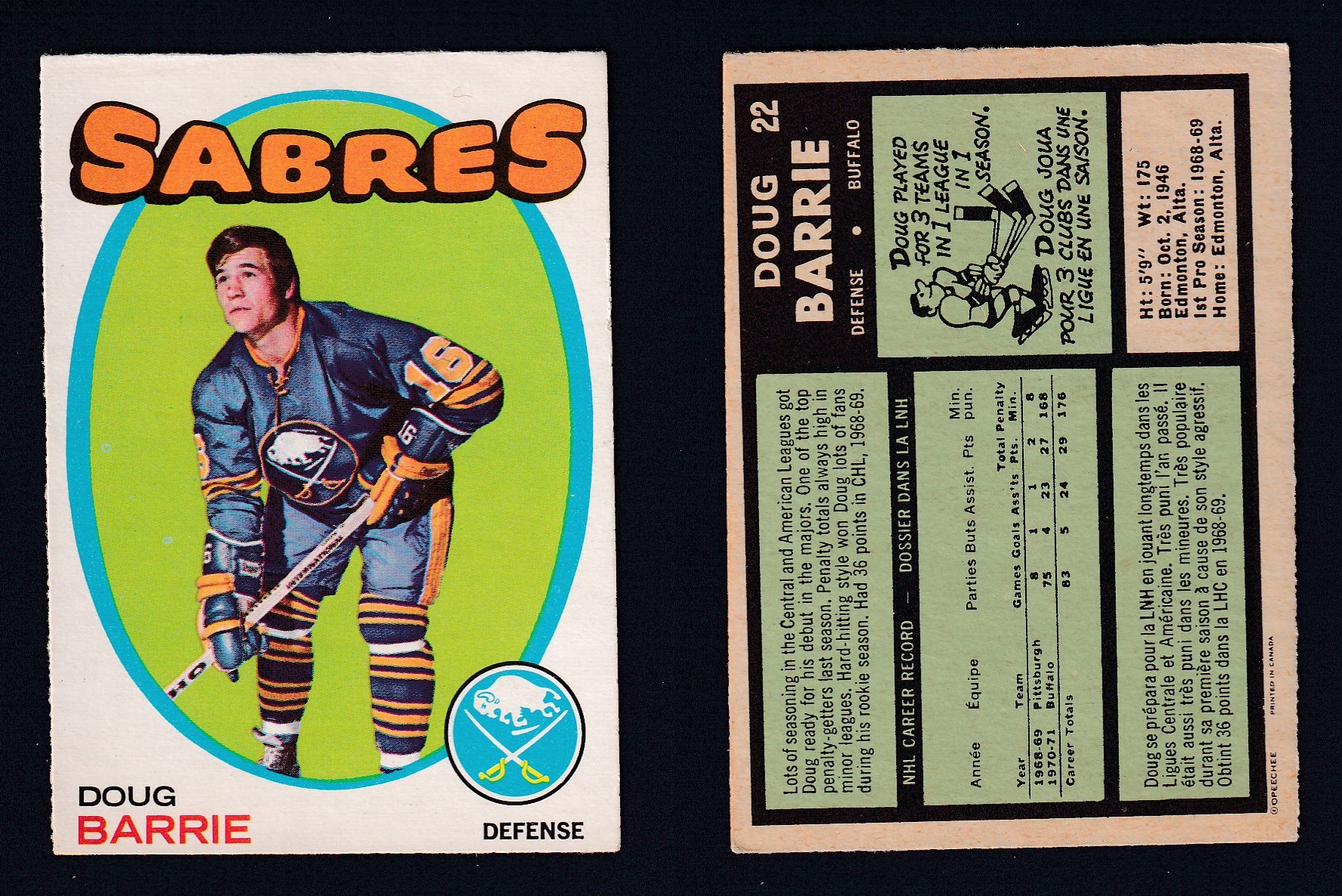 1971-72 O-PEE-CHEE HOCKEY CARD #22 D. BARRIE photo 1971-72 O-PEE-CHEE HOCKEY CARD #22 D. BARRIE photo