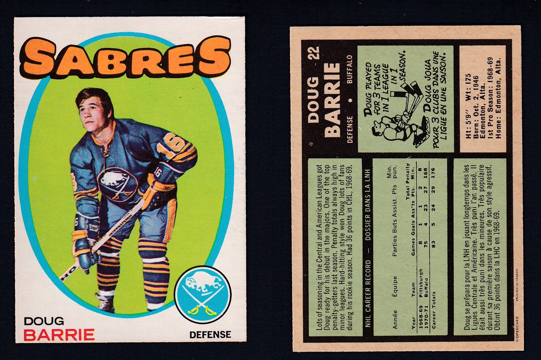 1971-72 O-PEE-CHEE HOCKEY CARD #22 D. BARRIE photo 1971-72 O-PEE-CHEE HOCKEY CARD #22 D. BARRIE photo