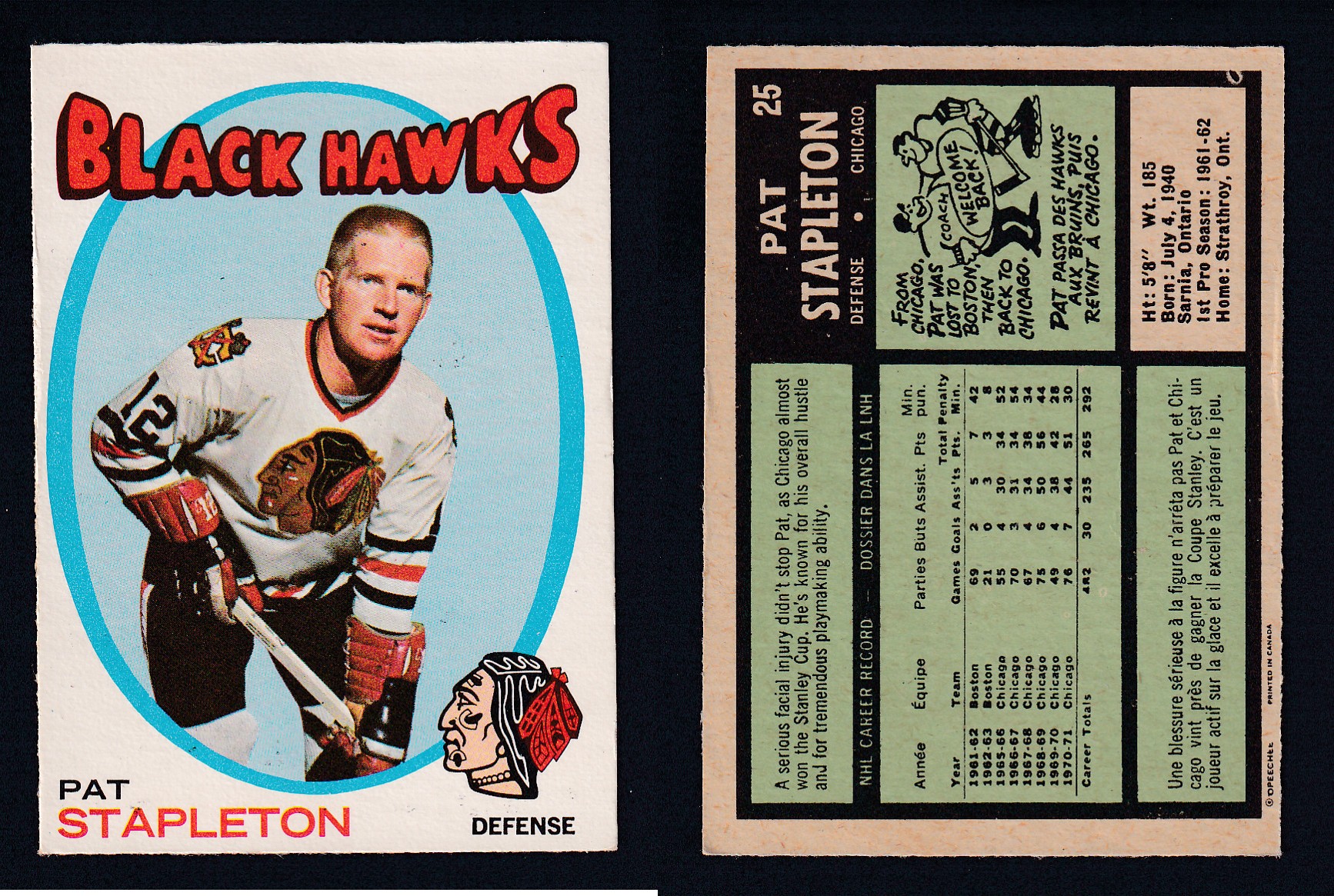 1971-72 O-PEE-CHEE HOCKEY CARD #25 P. STAPLETON photo 1971-72 O-PEE-CHEE HOCKEY CARD #25 P. STAPLETON photo