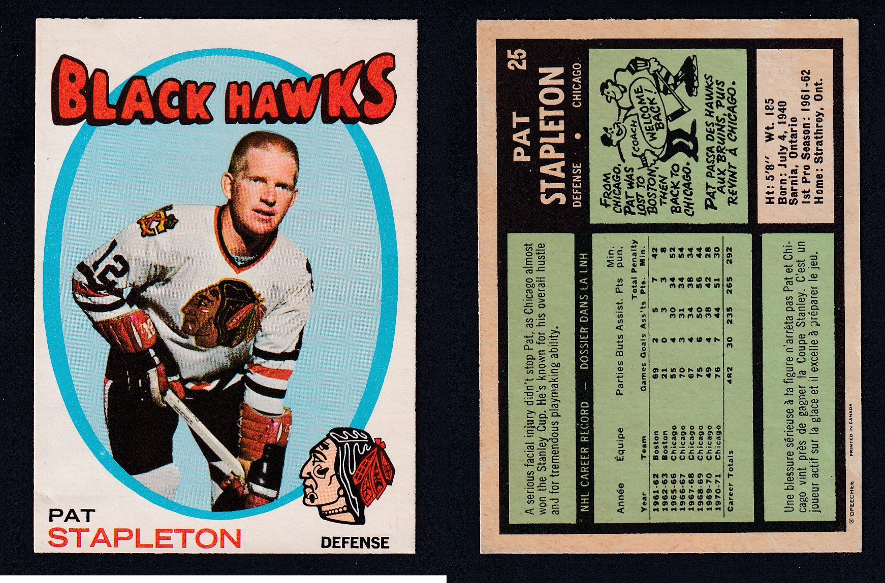 1971-72 O-PEE-CHEE HOCKEY CARD #25 P. STAPLETON photo 1971-72 O-PEE-CHEE HOCKEY CARD #25 P. STAPLETON photo