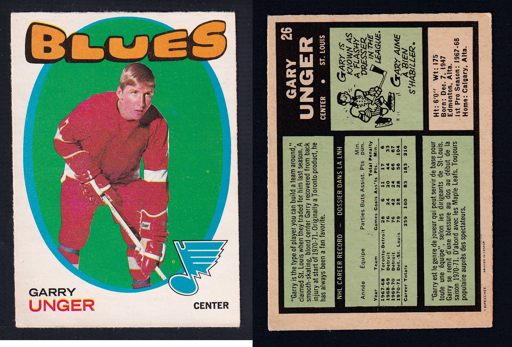 1971-72 O-PEE-CHEE HOCKEY CARD #26 G. UNGER photo 1971-72 O-PEE-CHEE HOCKEY CARD #26 G. UNGER photo