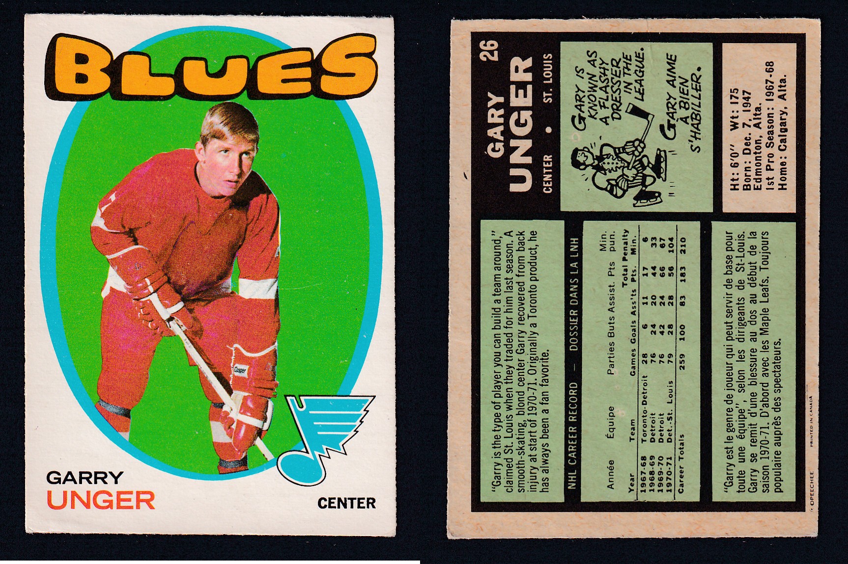 1971-72 O-PEE-CHEE HOCKEY CARD #26 G. UNGER photo 1971-72 O-PEE-CHEE HOCKEY CARD #26 G. UNGER photo