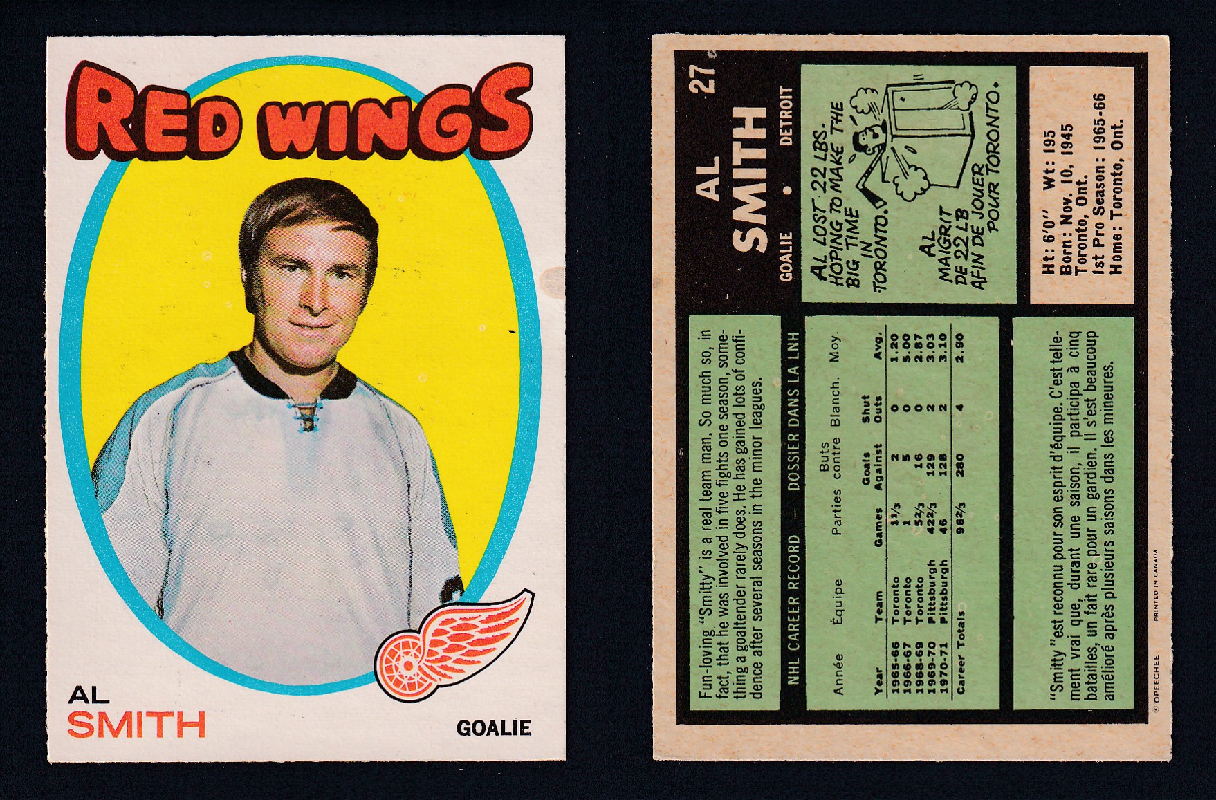 1971-72 O-PEE-CHEE HOCKEY CARD #27 A. SMITH photo 1971-72 O-PEE-CHEE HOCKEY CARD #27 A. SMITH photo