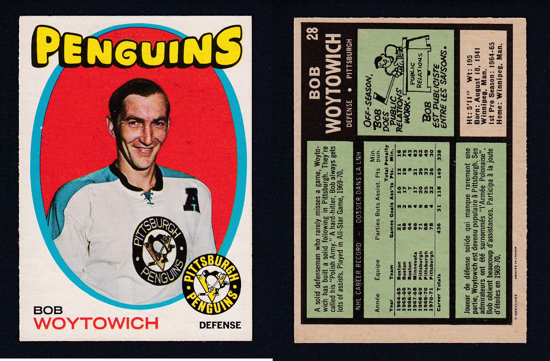 1971-72 O-PEE-CHEE HOCKEY CARD #28 B. WOYTOWICH photo 1971-72 O-PEE-CHEE HOCKEY CARD #28 B. WOYTOWICH photo