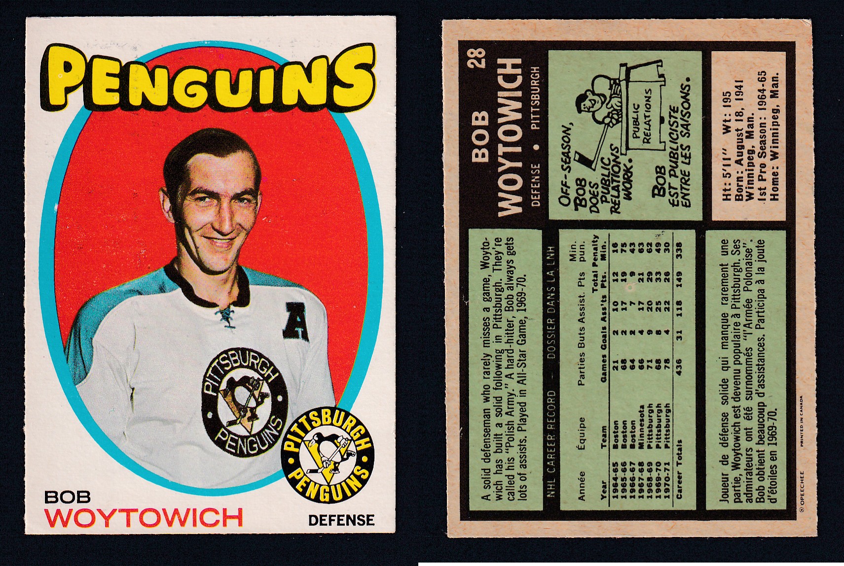1971-72 O-PEE-CHEE HOCKEY CARD #28 B. WOYTOWICH photo 1971-72 O-PEE-CHEE HOCKEY CARD #28 B. WOYTOWICH photo