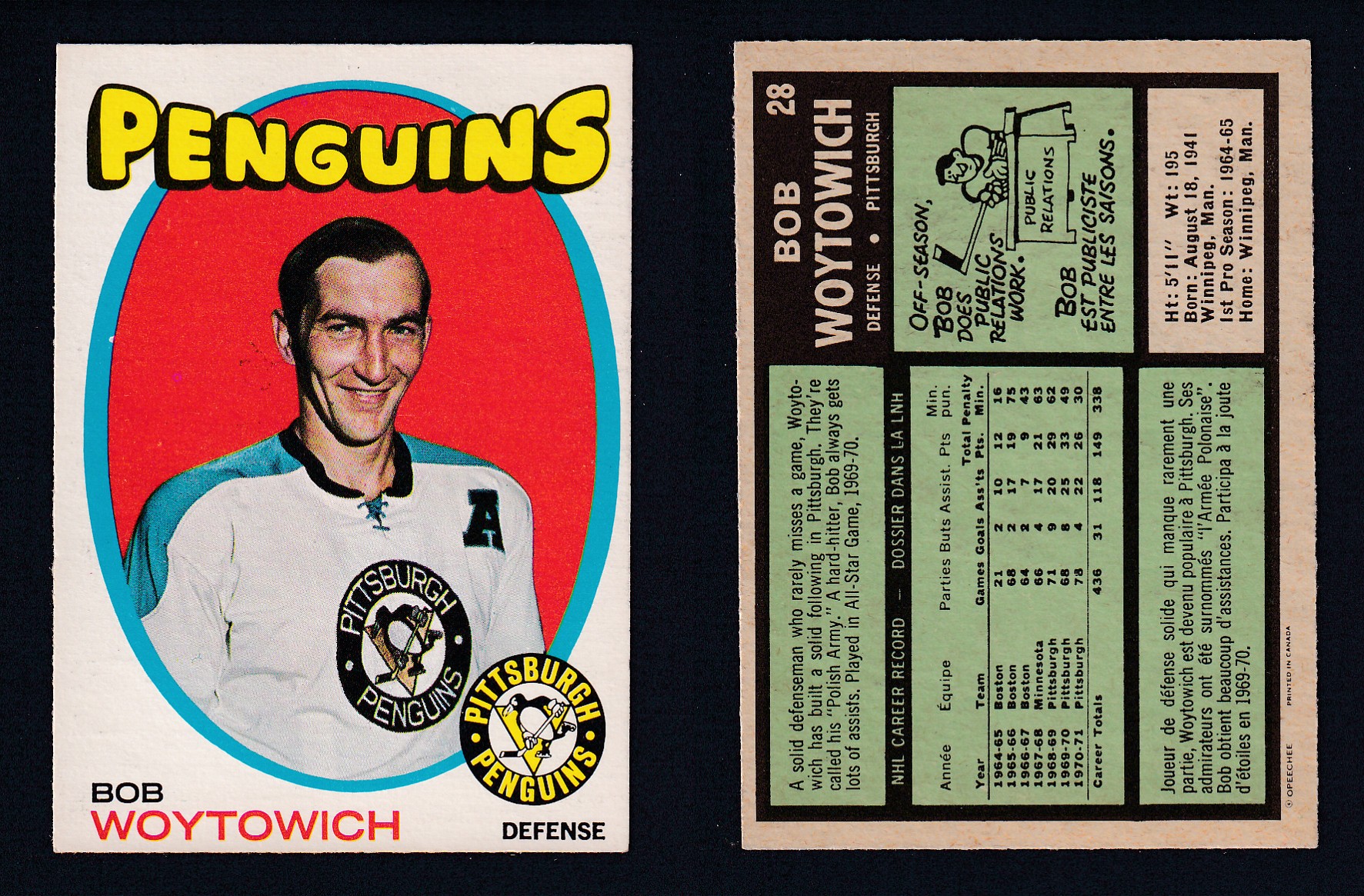 1971-72 O-PEE-CHEE HOCKEY CARD #28 B. WOYTOWICH photo 1971-72 O-PEE-CHEE HOCKEY CARD #28 B. WOYTOWICH photo