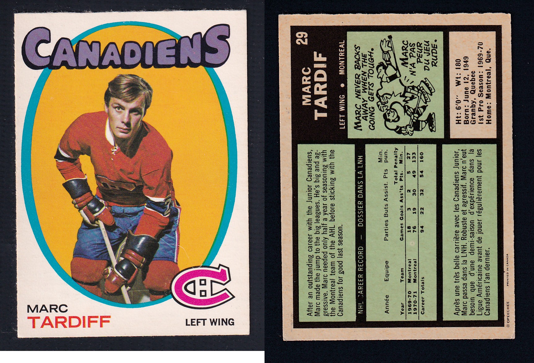 1971-72 O-PEE-CHEE HOCKEY CARD #29 M. TARDIFF photo 1971-72 O-PEE-CHEE HOCKEY CARD #29 M. TARDIFF photo