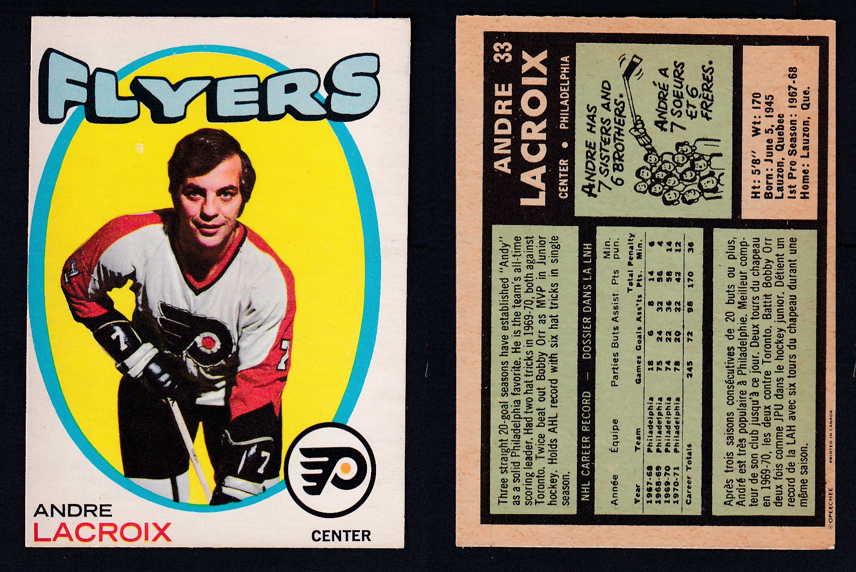 1971-72 O-PEE-CHEE HOCKEY CARD #33 A. LACROIX photo 1971-72 O-PEE-CHEE HOCKEY CARD #33 A. LACROIX photo