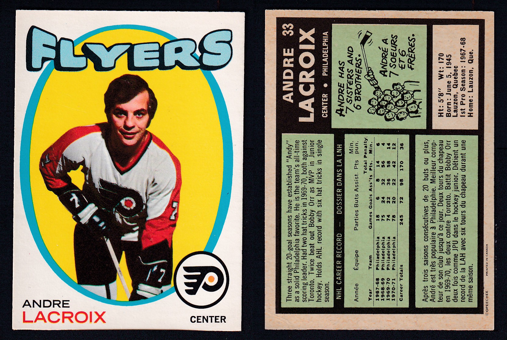 1971-72 O-PEE-CHEE HOCKEY CARD #33 A. LACROIX photo 1971-72 O-PEE-CHEE HOCKEY CARD #33 A. LACROIX photo