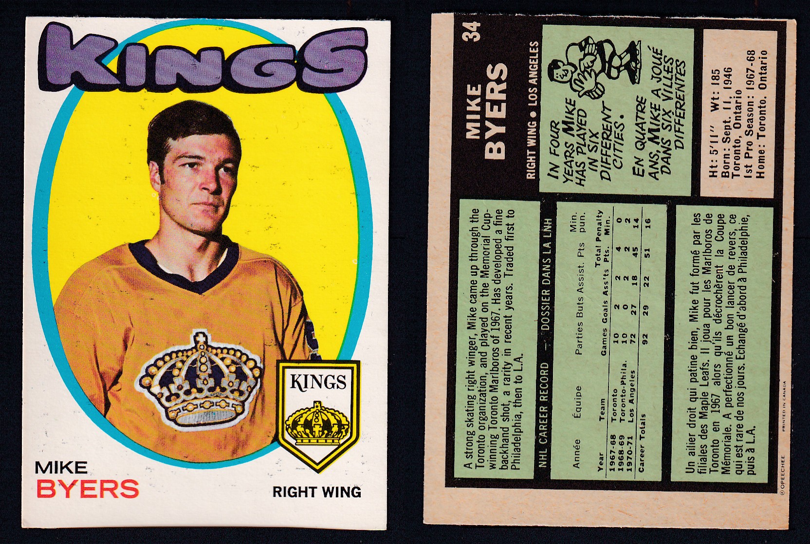 1971-72 O-PEE-CHEE HOCKEY CARD #34 M. BYERS photo 1971-72 O-PEE-CHEE HOCKEY CARD #34 M. BYERS photo