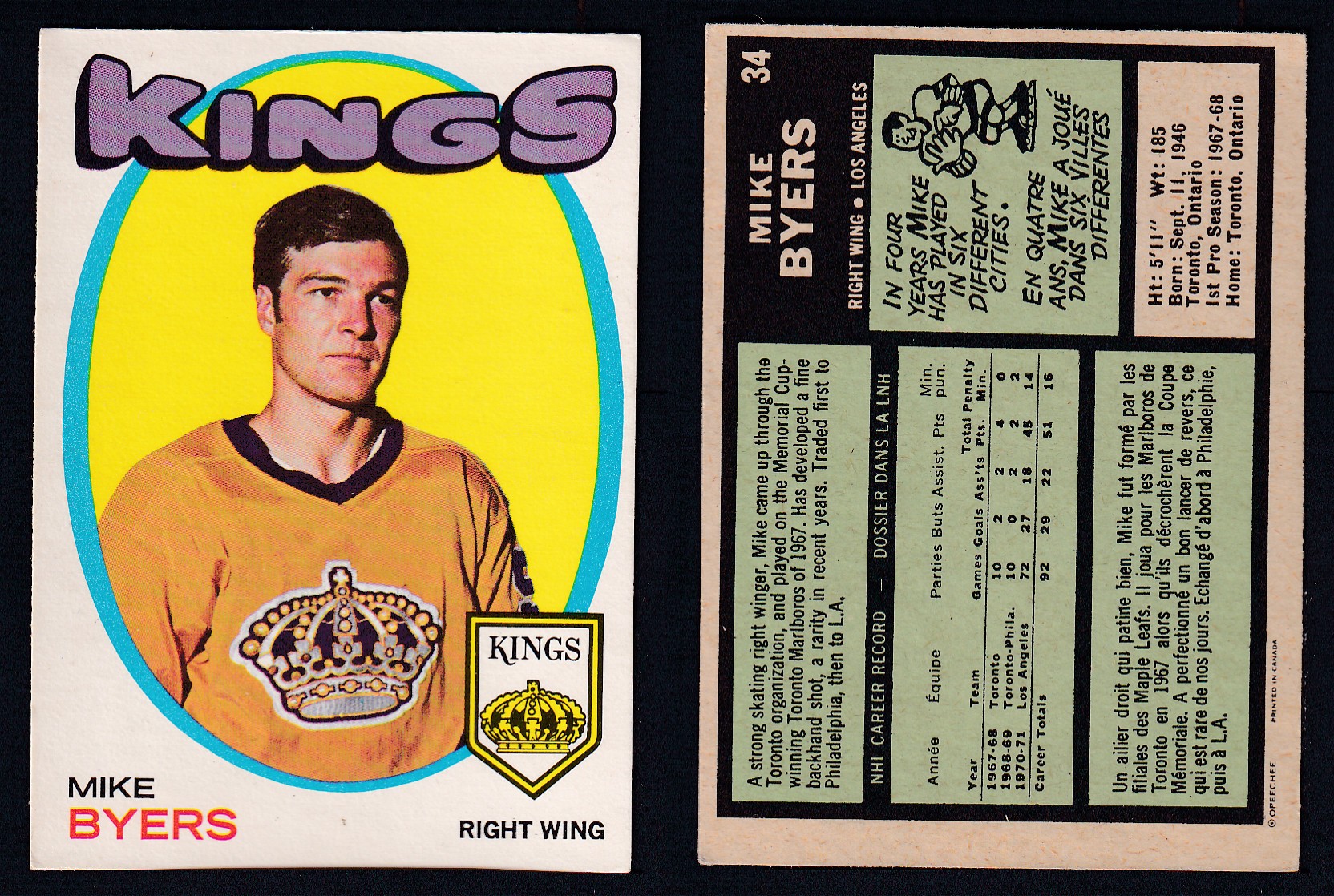 1971-72 O-PEE-CHEE HOCKEY CARD #34 M. BYERS photo 1971-72 O-PEE-CHEE HOCKEY CARD #34 M. BYERS photo