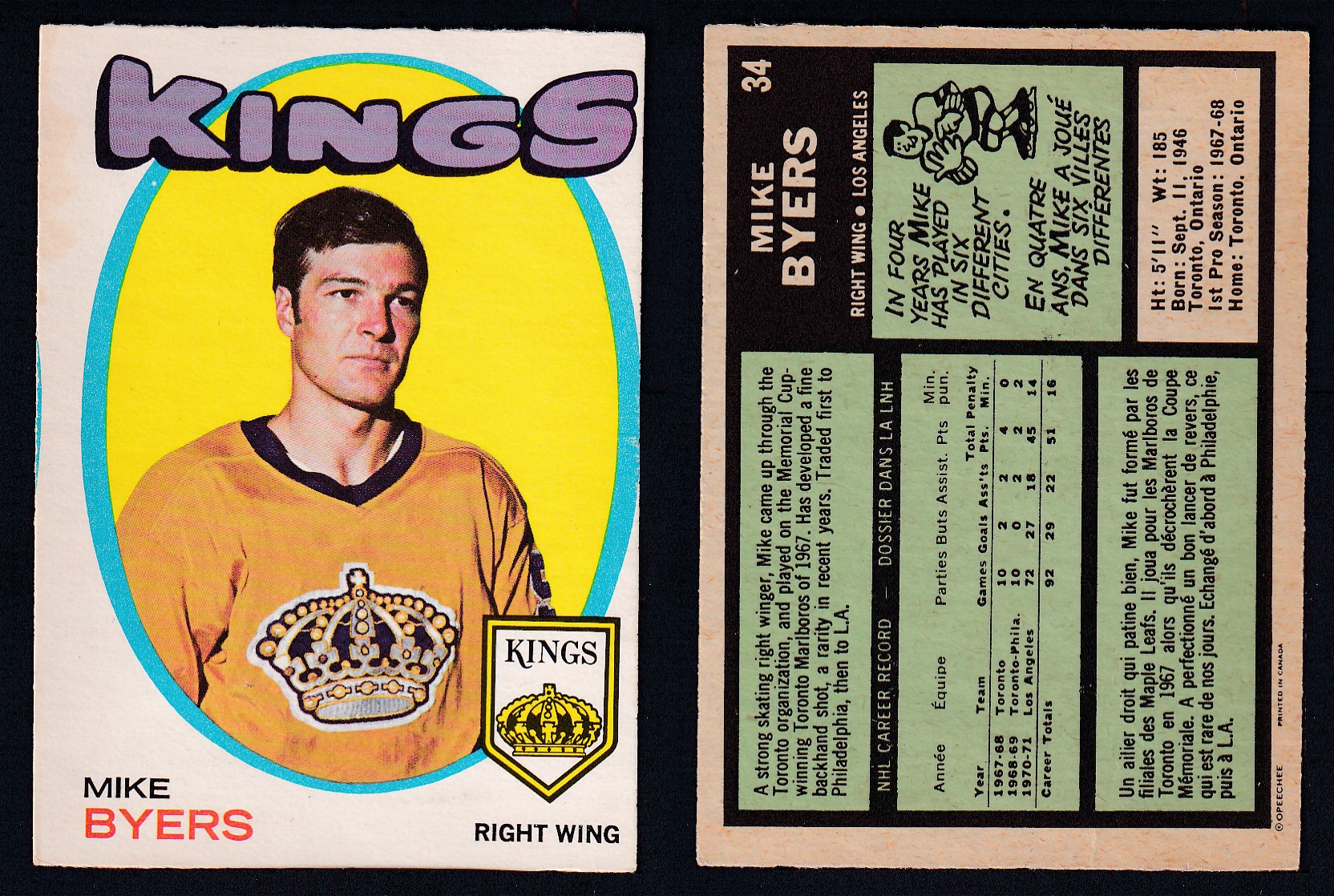 1971-72 O-PEE-CHEE HOCKEY CARD #34 M. BYERS photo 1971-72 O-PEE-CHEE HOCKEY CARD #34 M. BYERS photo