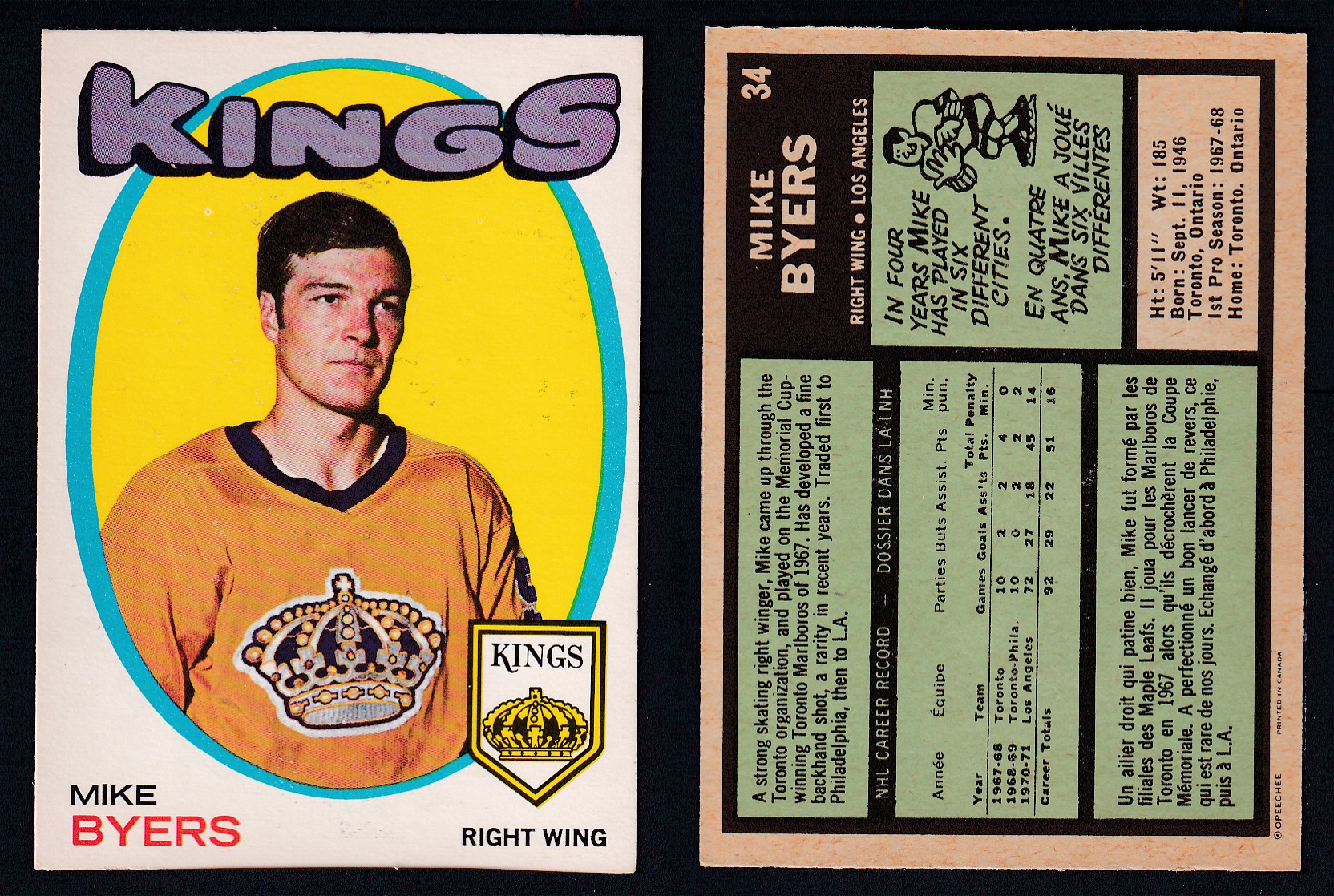1971-72 O-PEE-CHEE HOCKEY CARD #34 M. BYERS photo 1971-72 O-PEE-CHEE HOCKEY CARD #34 M. BYERS photo