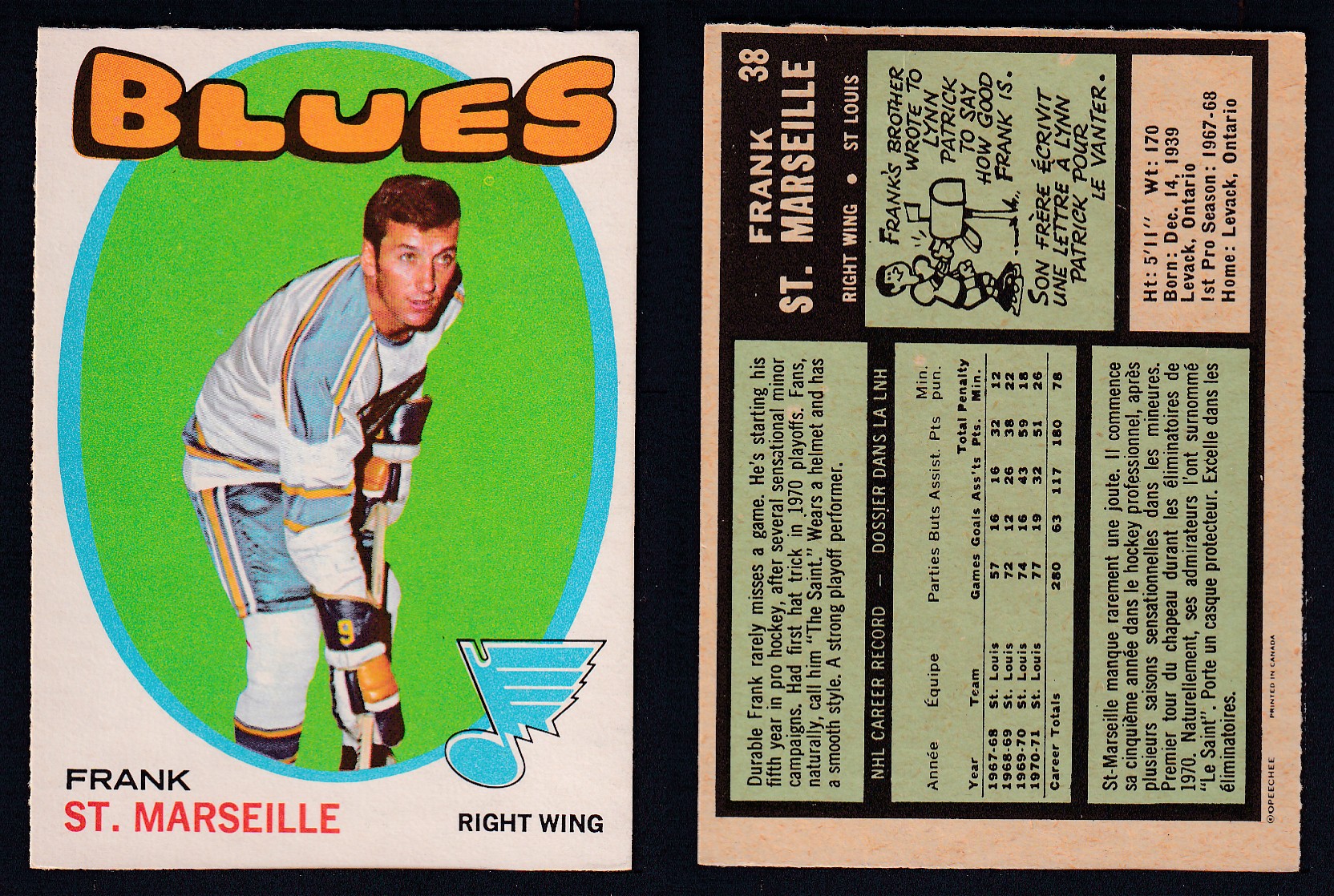 1971-72 O-PEE-CHEE HOCKEY CARD #38 F. ST. MARSEILLE photo 1971-72 O-PEE-CHEE HOCKEY CARD #38 F. ST. MARSEILLE photo