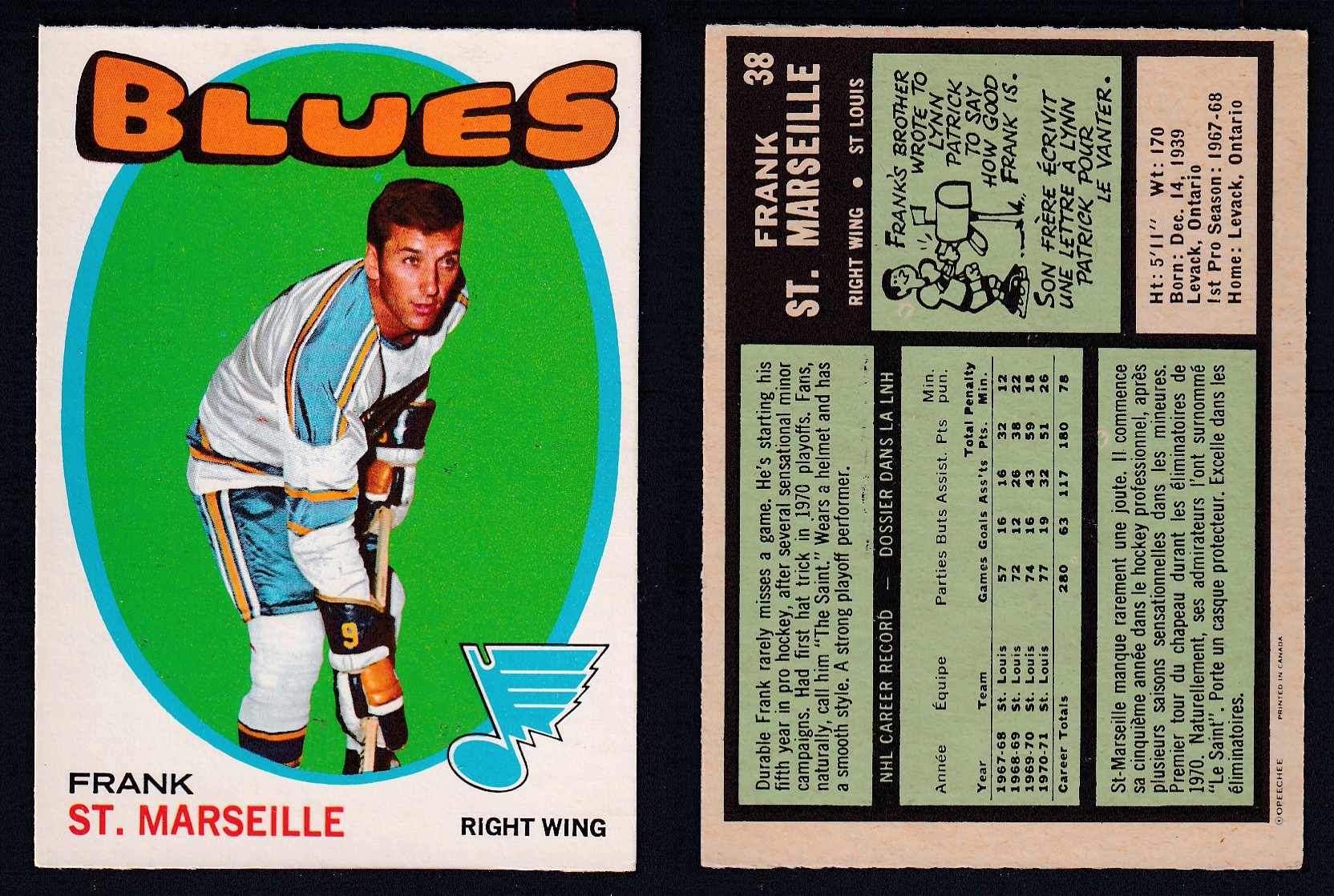 1971-72 O-PEE-CHEE HOCKEY CARD #38 F. ST. MARSEILLE photo 1971-72 O-PEE-CHEE HOCKEY CARD #38 F. ST. MARSEILLE photo