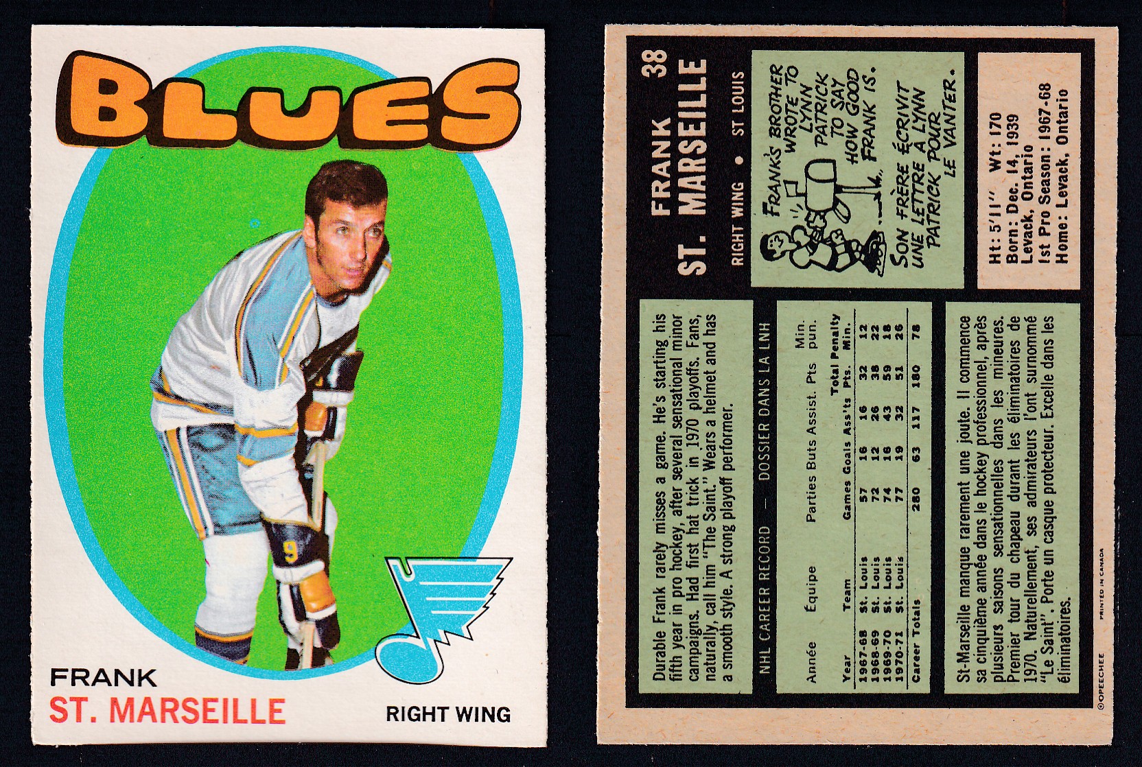 1971-72 O-PEE-CHEE HOCKEY CARD #38 F. ST. MARSEILLE photo 1971-72 O-PEE-CHEE HOCKEY CARD #38 F. ST. MARSEILLE photo