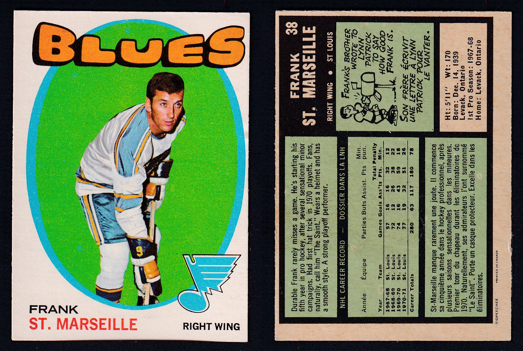 1971-72 O-PEE-CHEE HOCKEY CARD #38 F. ST. MARSEILLE photo 1971-72 O-PEE-CHEE HOCKEY CARD #38 F. ST. MARSEILLE photo