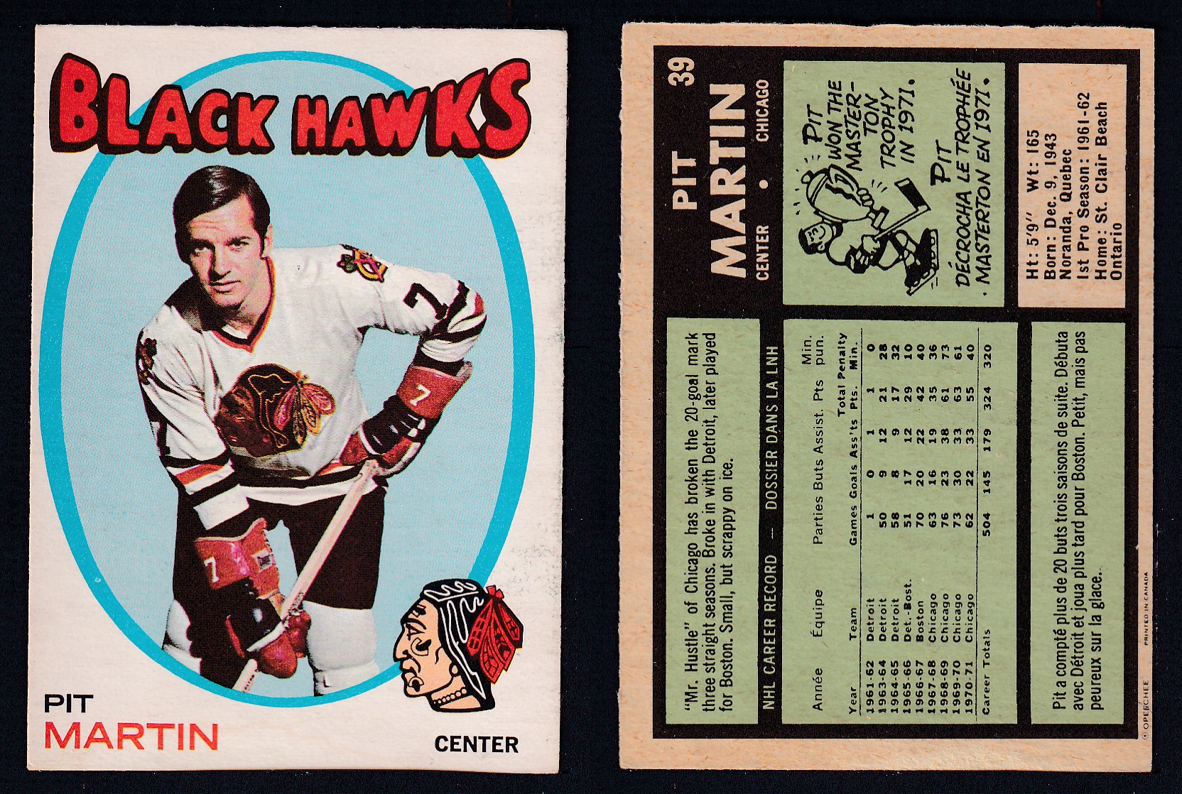 1971-72 O-PEE-CHEE HOCKEY CARD #39 P. MARTIN photo 1971-72 O-PEE-CHEE HOCKEY CARD #39 P. MARTIN photo