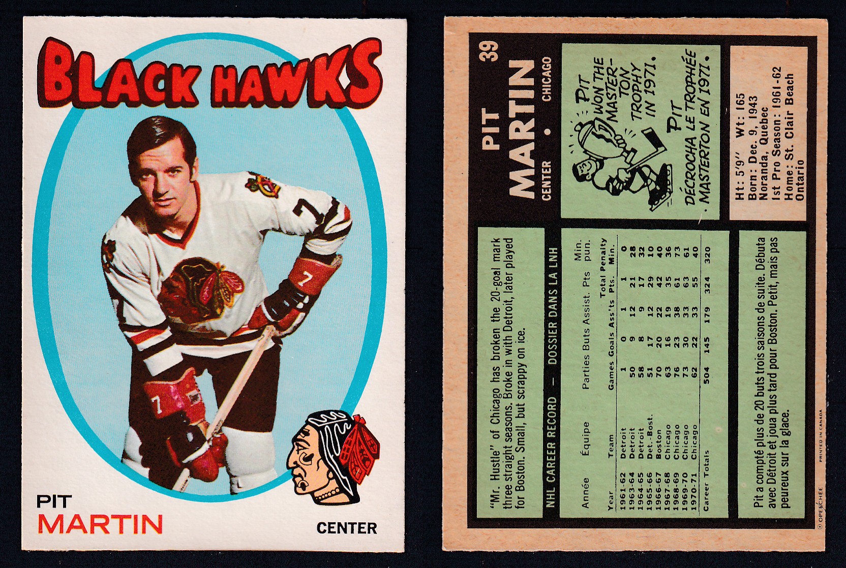 1971-72 O-PEE-CHEE HOCKEY CARD #39 P. MARTIN photo 1971-72 O-PEE-CHEE HOCKEY CARD #39 P. MARTIN photo