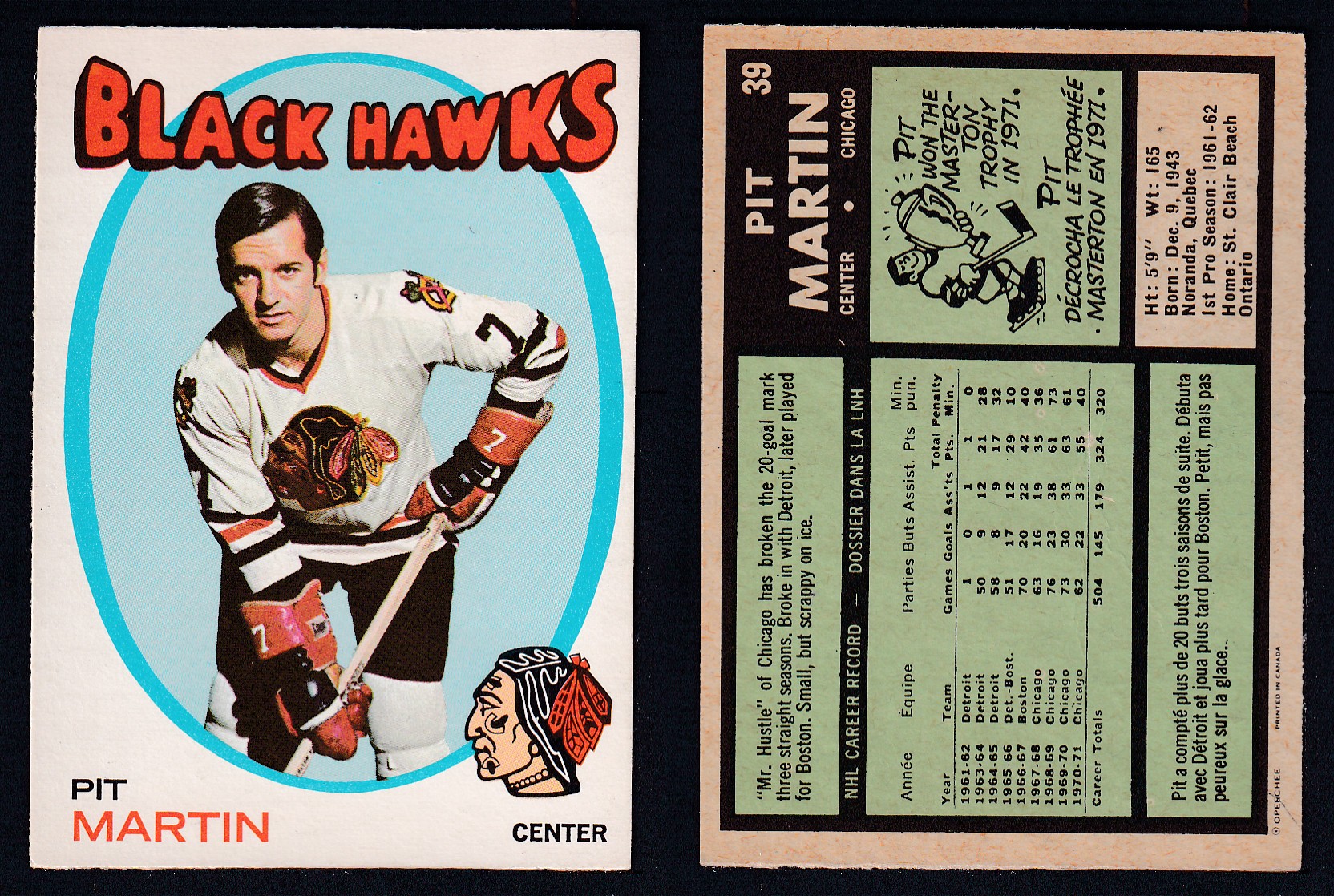 1971-72 O-PEE-CHEE HOCKEY CARD #39 P. MARTIN photo 1971-72 O-PEE-CHEE HOCKEY CARD #39 P. MARTIN photo