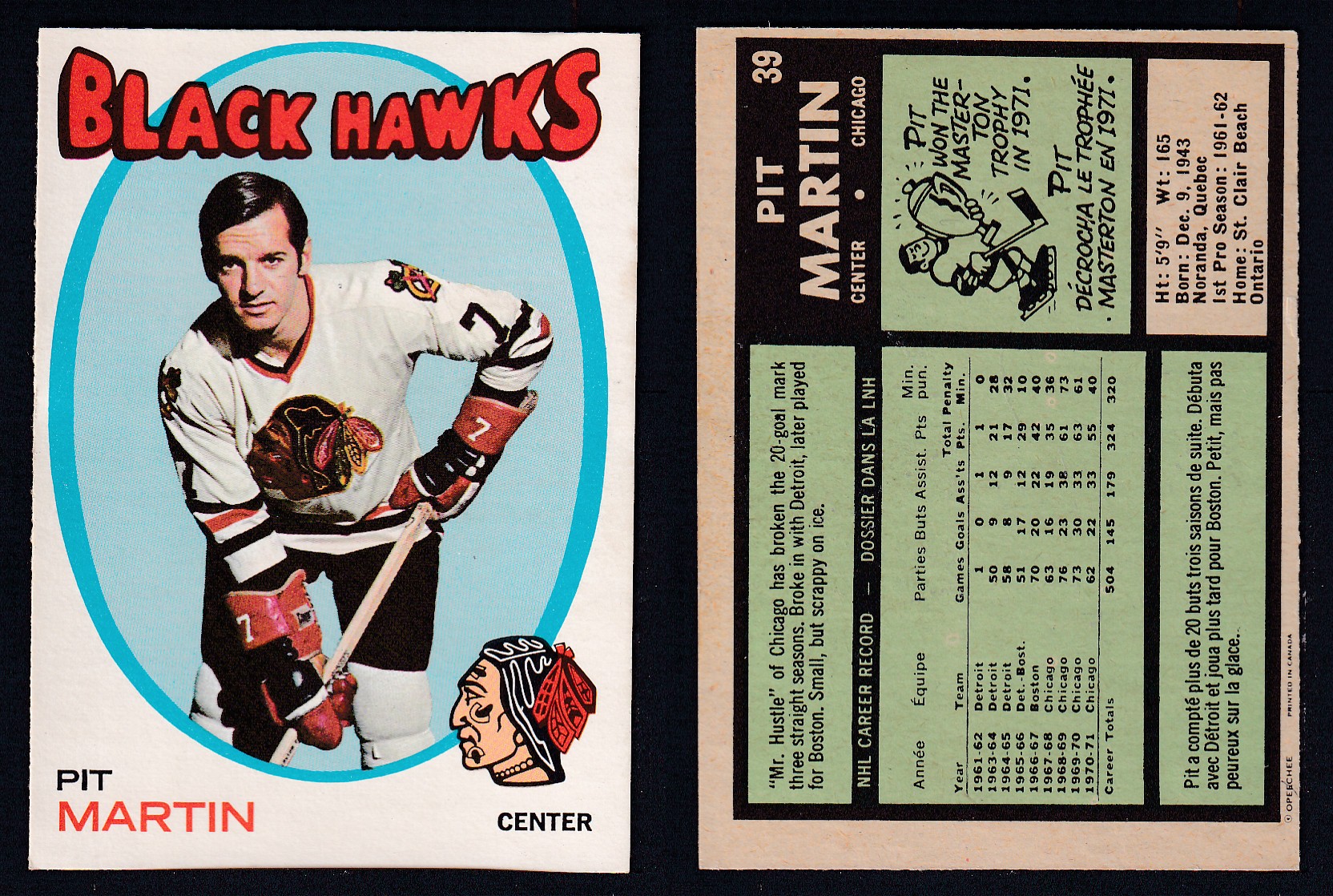 1971-72 O-PEE-CHEE HOCKEY CARD #39 P. MARTIN photo 1971-72 O-PEE-CHEE HOCKEY CARD #39 P. MARTIN photo