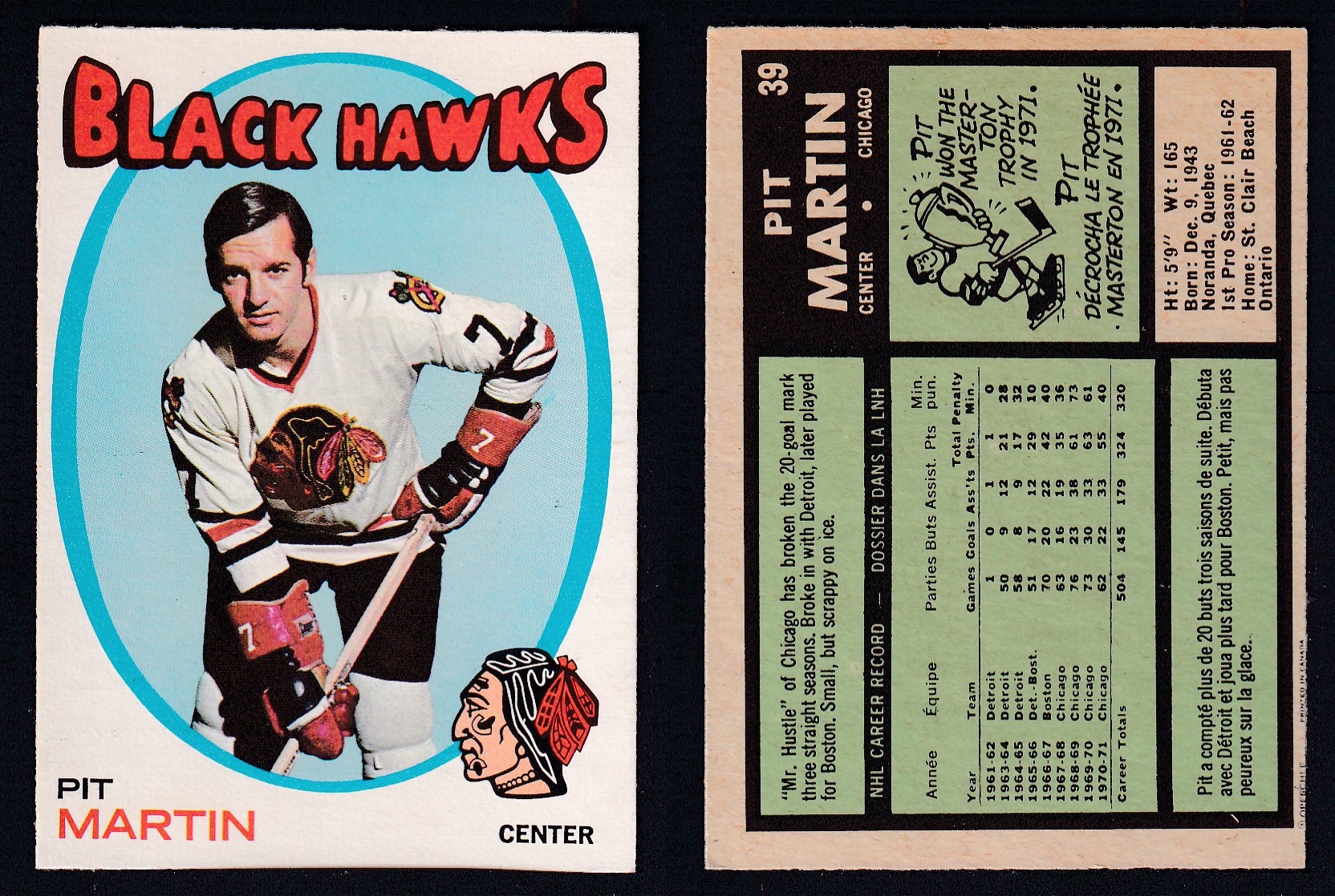 1971-72 O-PEE-CHEE HOCKEY CARD #39 P. MARTIN photo 1971-72 O-PEE-CHEE HOCKEY CARD #39 P. MARTIN photo