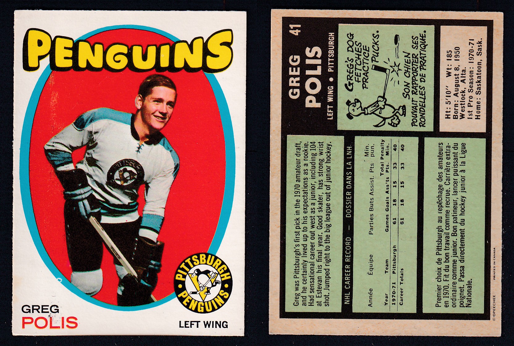 1971-72 O-PEE-CHEE HOCKEY CARD #41 G. POLIS photo 1971-72 O-PEE-CHEE HOCKEY CARD #41 G. POLIS photo